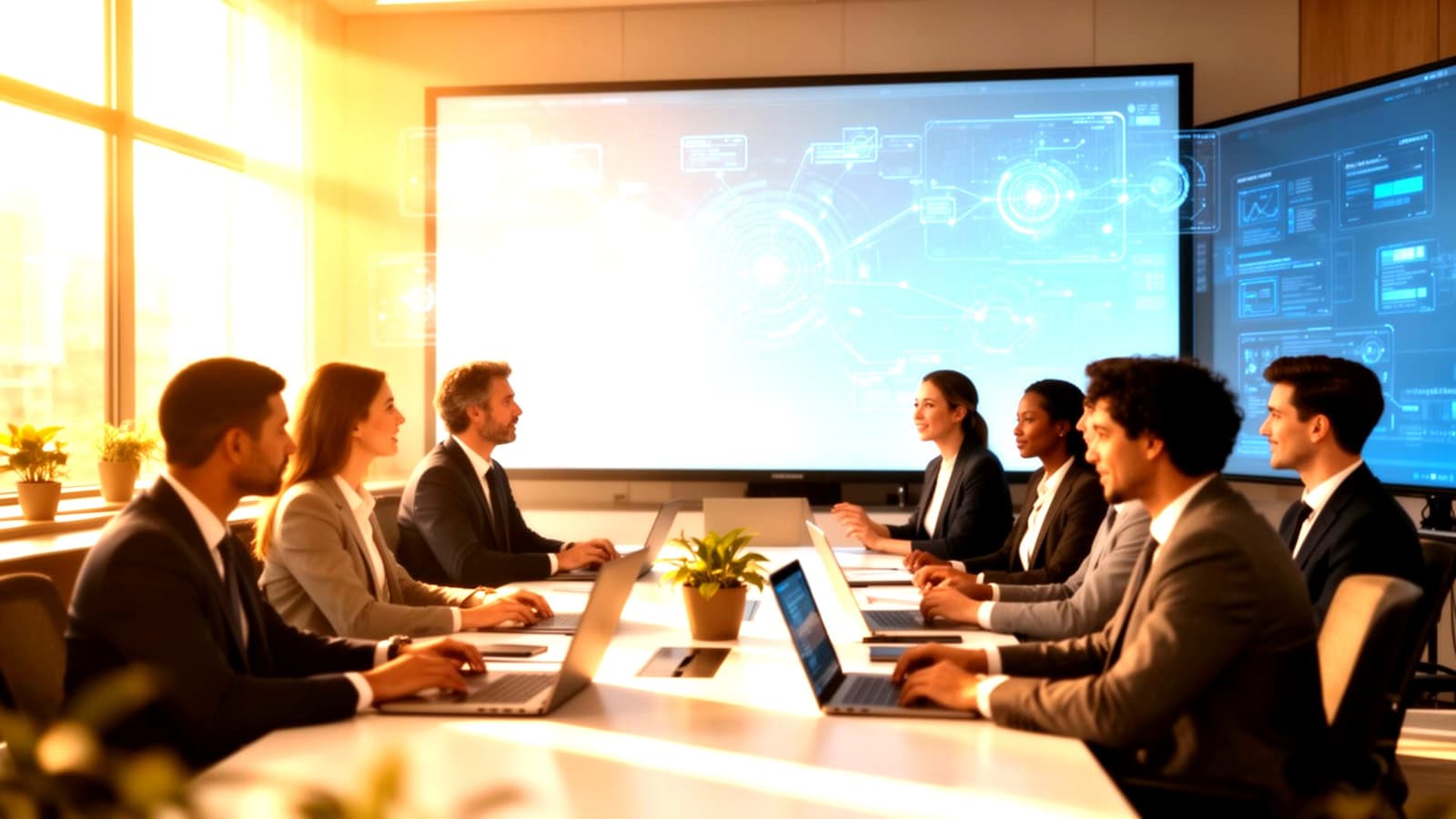 Business team meeting in a bright office during an AI automation strategy session