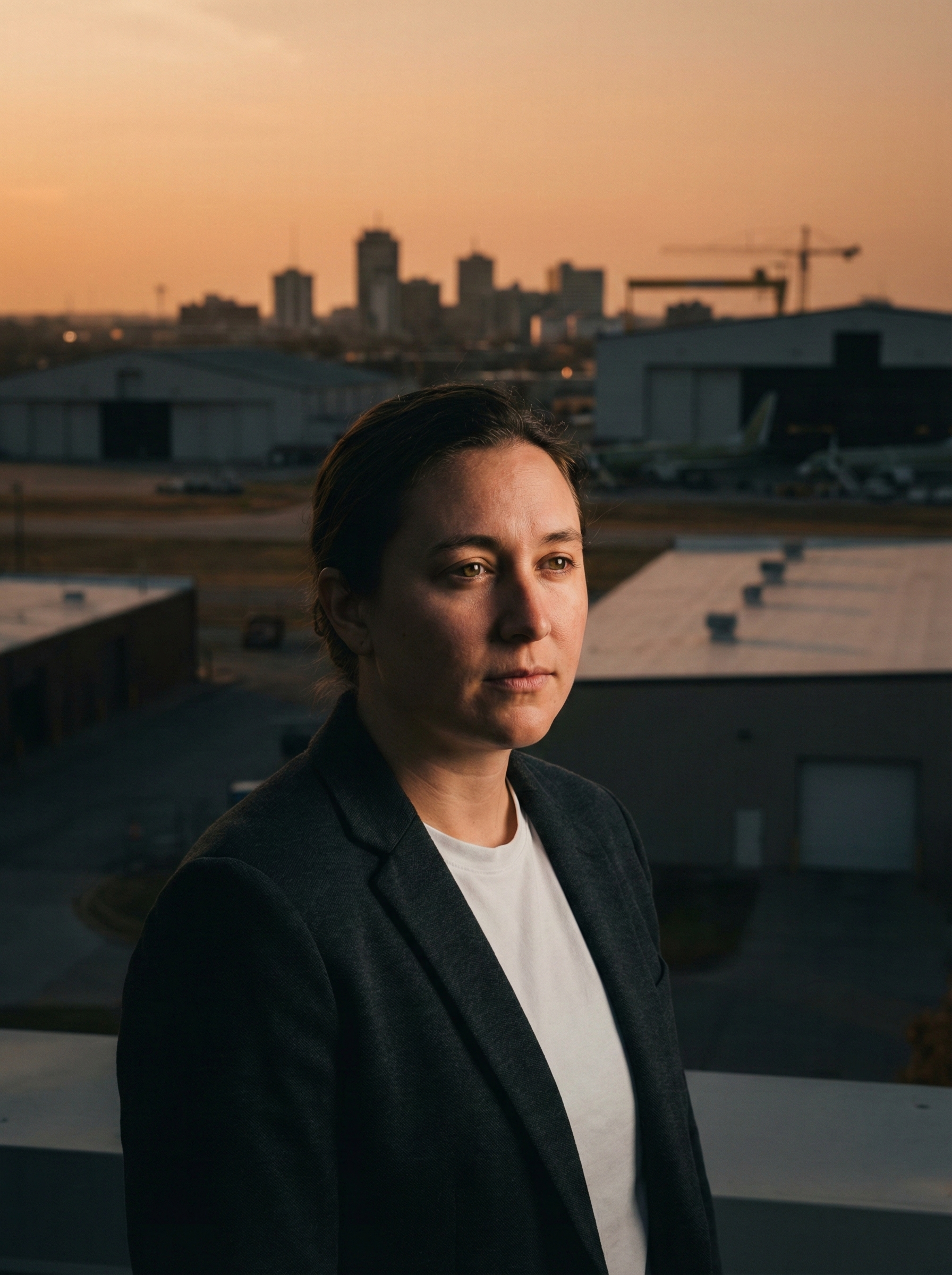 Wichita skyline at sunset with industrial buildings and aircraft manufacturing facilities visible in the foreground