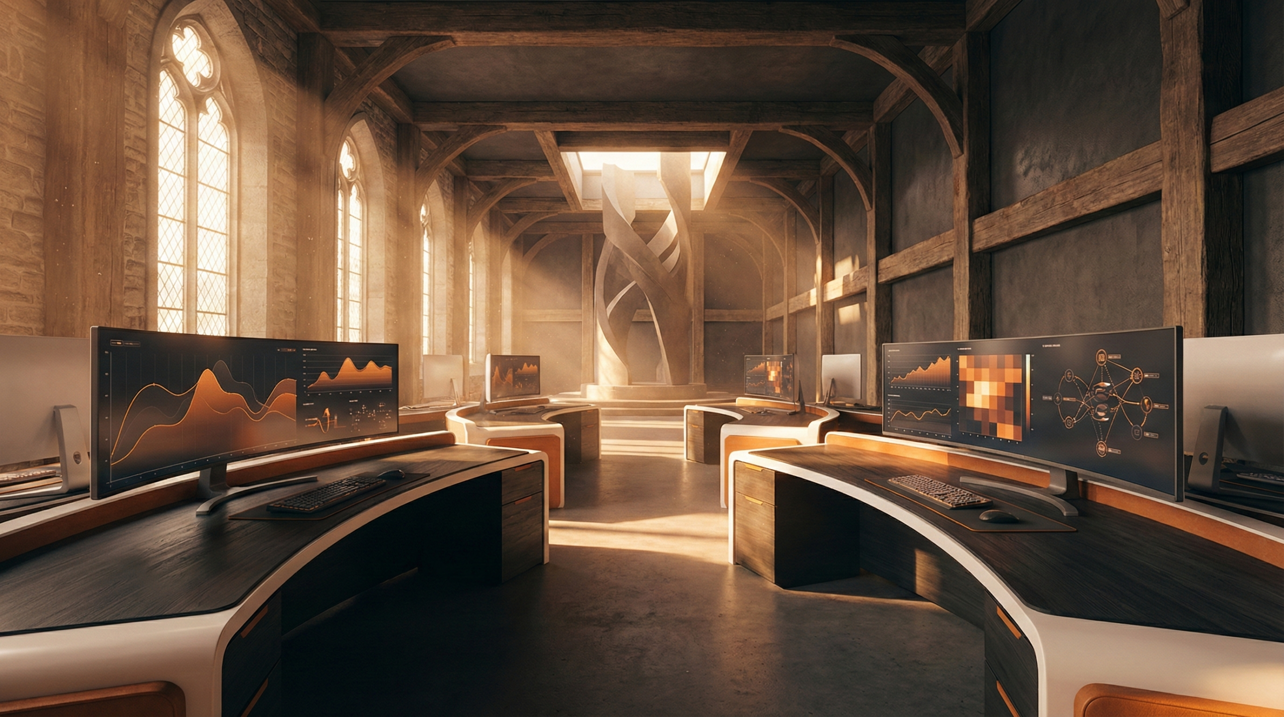 Modern office workspace with multiple computer screens showing automated dashboards and workflow systems