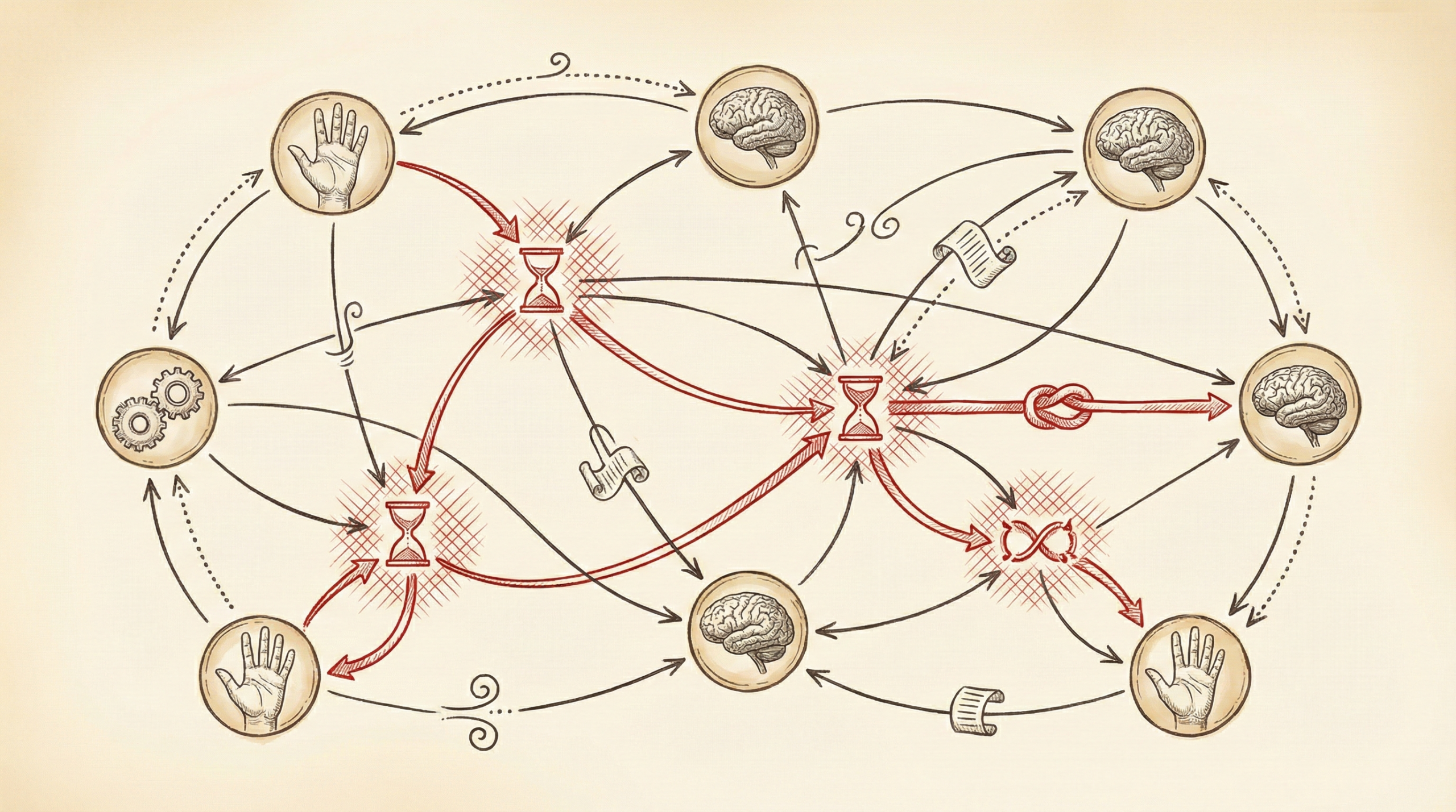 Network diagram showing team connections with bottleneck points highlighted in red, illustrating how information flows through a team structure