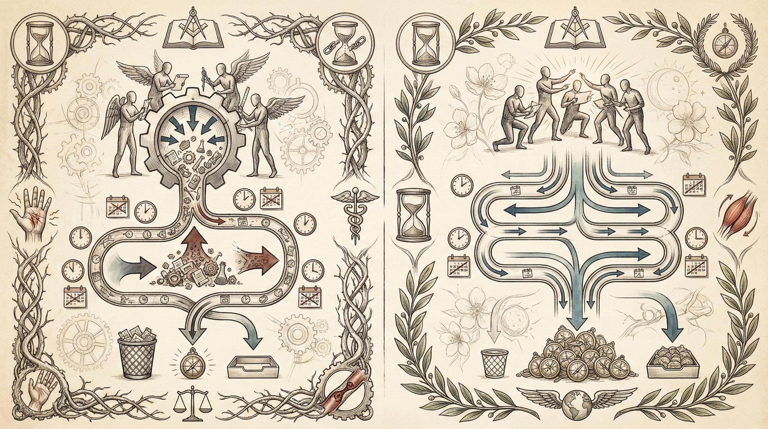 Before and after workflow diagrams showing the same team's productivity with bottlenecks vs. without bottlenecks, with time stamps and throughput metrics