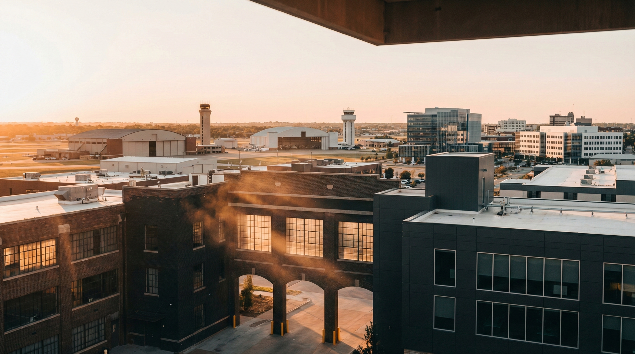 Modern Wichita skyline showing mix of established aerospace facilities and new tech buildings, representing economic diversification