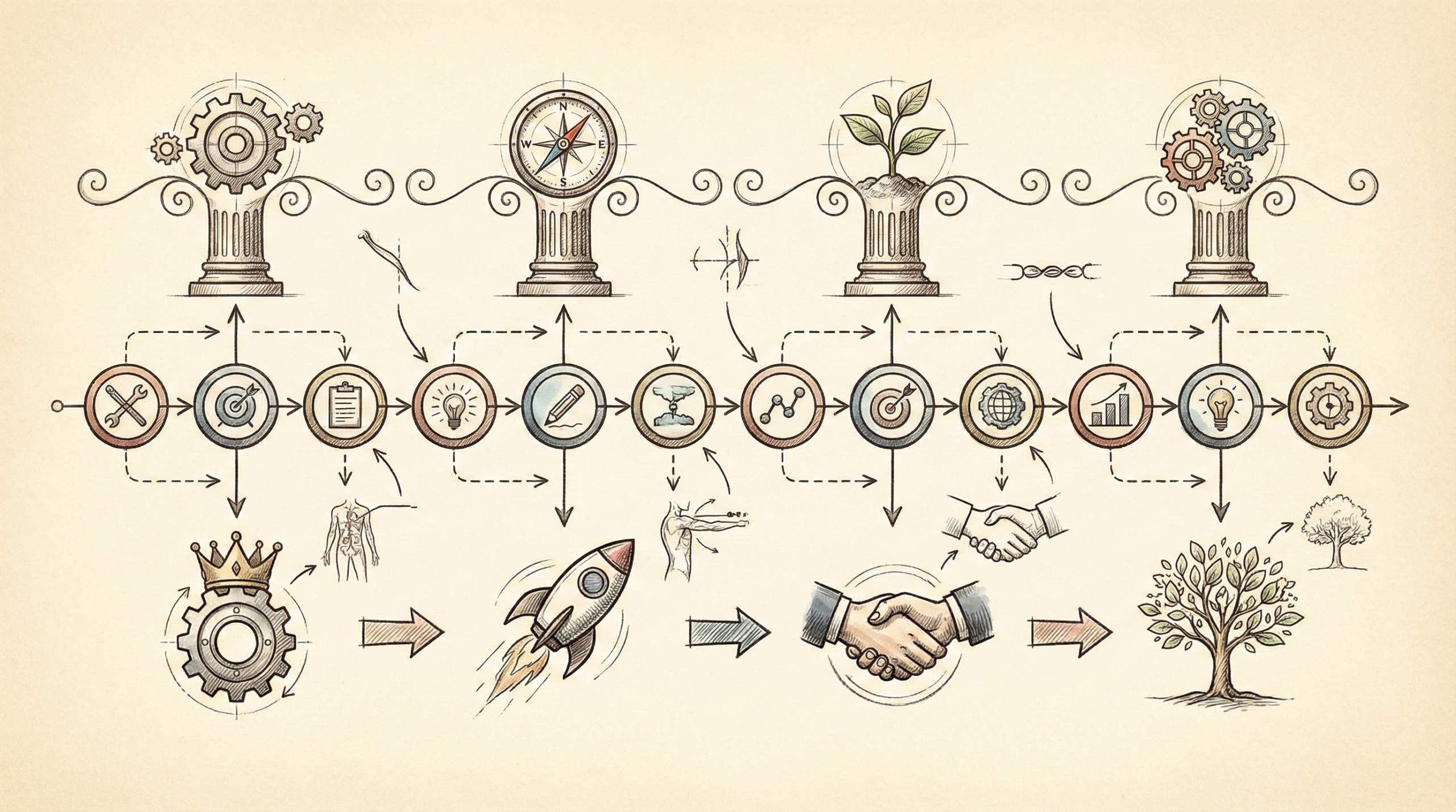 Timeline infographic showing 12-month implementation plan with icons for each strategic pillar and key milestones