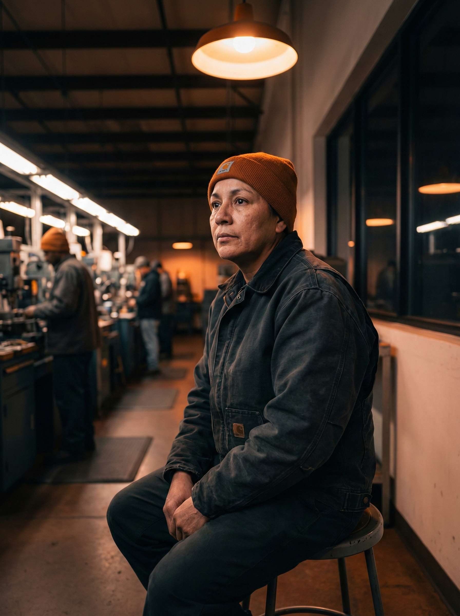 Manufacturing floor at night with workers in overtime shift, showing tired employees and bright overhead lighting contrasting with dark windows