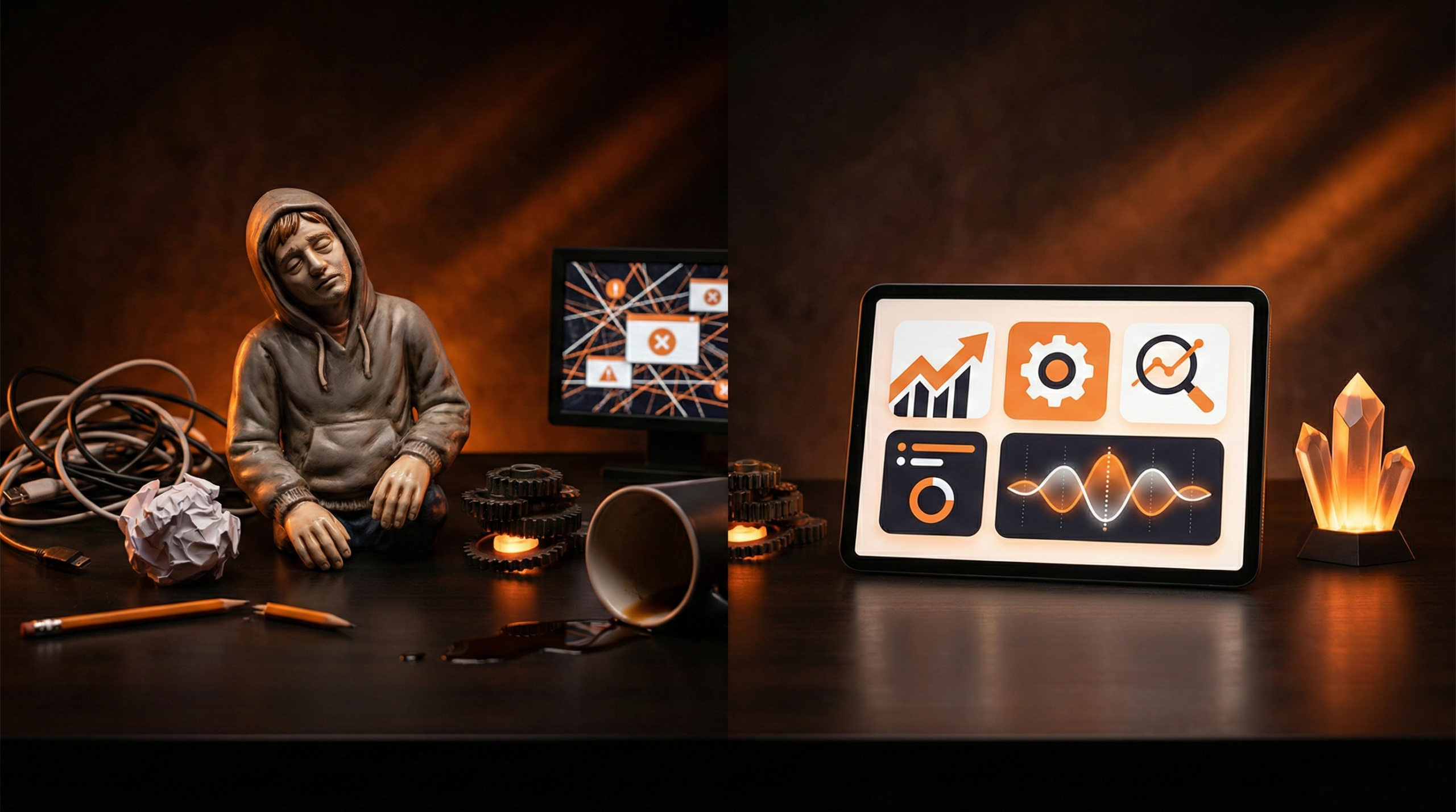 Split screen showing exhausted worker making errors on left, and automated system dashboard with predictive alerts on right