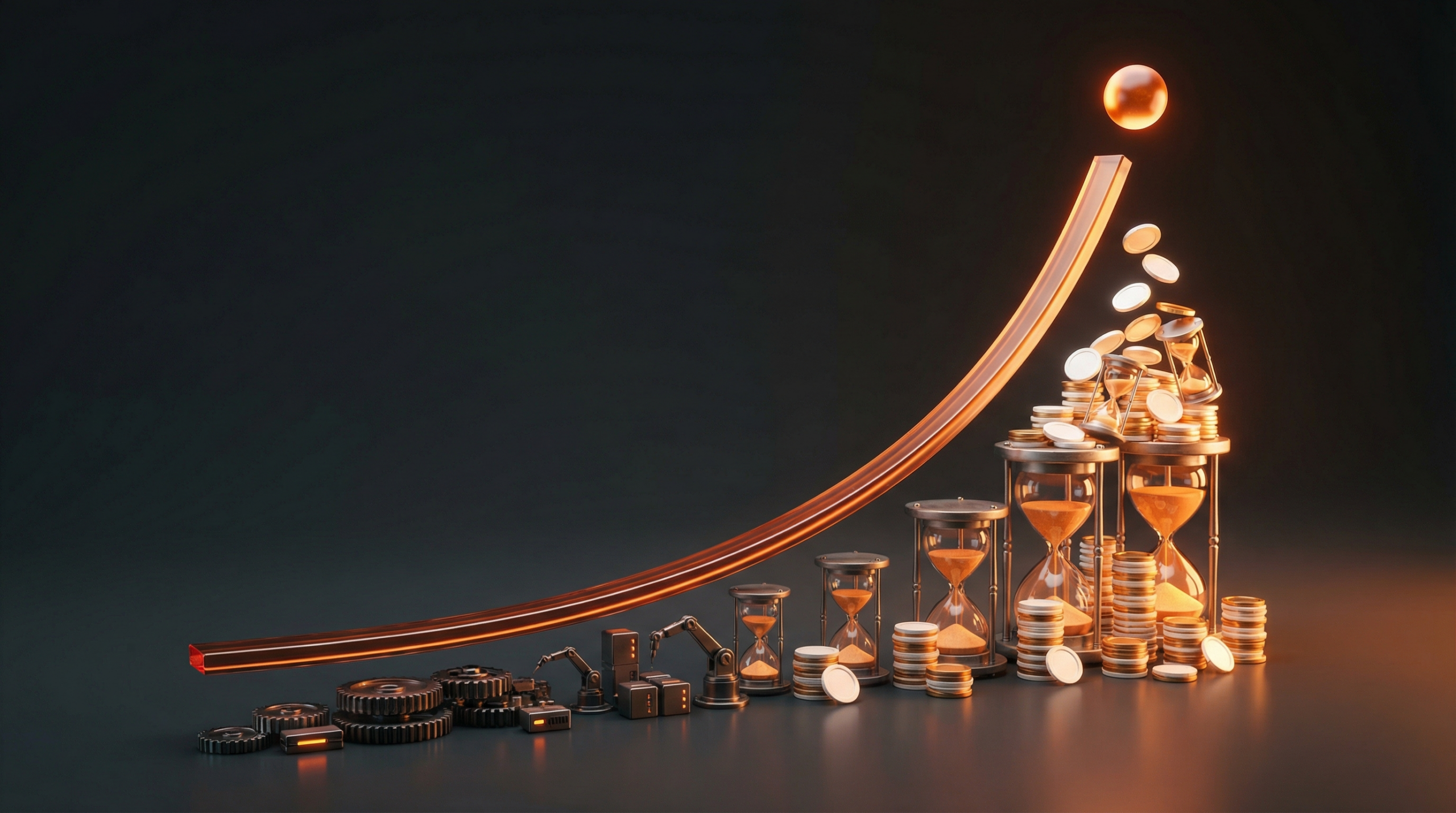 Graph showing exponential growth curve with time saved on Y-axis and automation implementations on X-axis, with compound effect clearly illustrated
