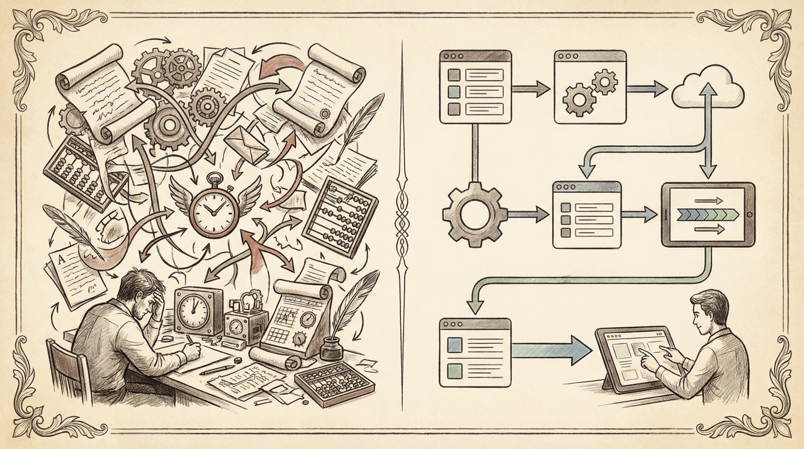 Split-screen comparison showing cluttered spreadsheets and manual processes on left, clean automated workflow interface on right